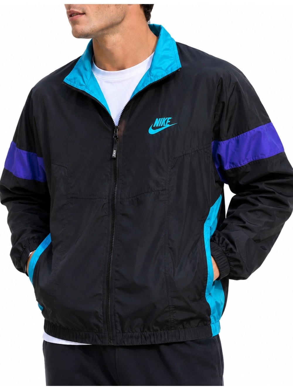 VINTAGE NIKE BLACK FULL ZIP WINDBREAKER LATE 80s EARLY 90s SZ LG